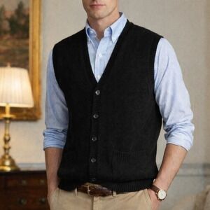 Black Sz Large Black Wool Blend Button Front Sweater‎ Vest Eclectic Grandpa Warm